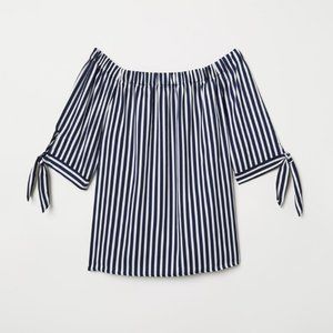 Like New H&M Navy & White Striped Off-The-Shoulder Blouse